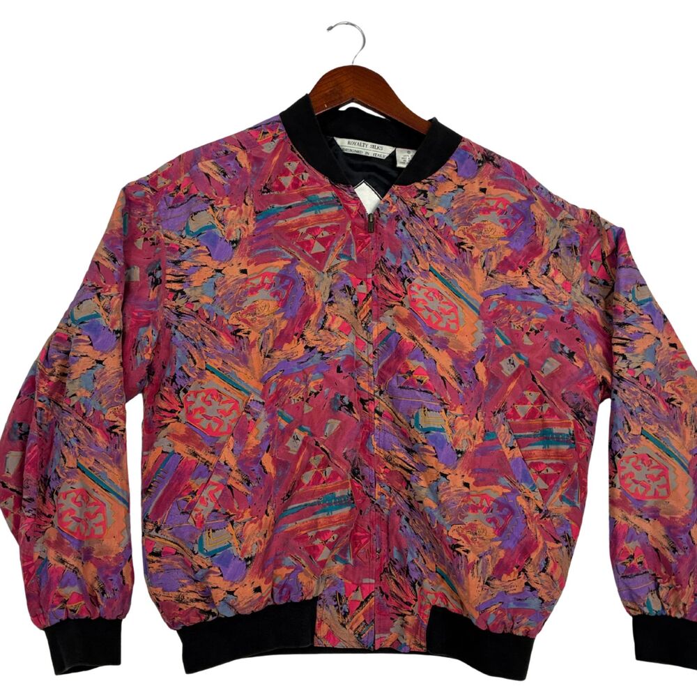 Vintage Royalty Silks 100% Silk Bomber Jacket Mens S Abstract Multicolor Italy